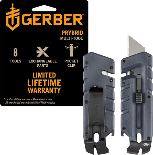 Gear Prybrid Utility Knife with Pocket Clip, Box Cutter Retractable Blade, Heavy Duty Utility Razor with Pry Bar, Bottle Opener, and Wire Stripper, Multi tool Pocket Knife, Blue with Clip