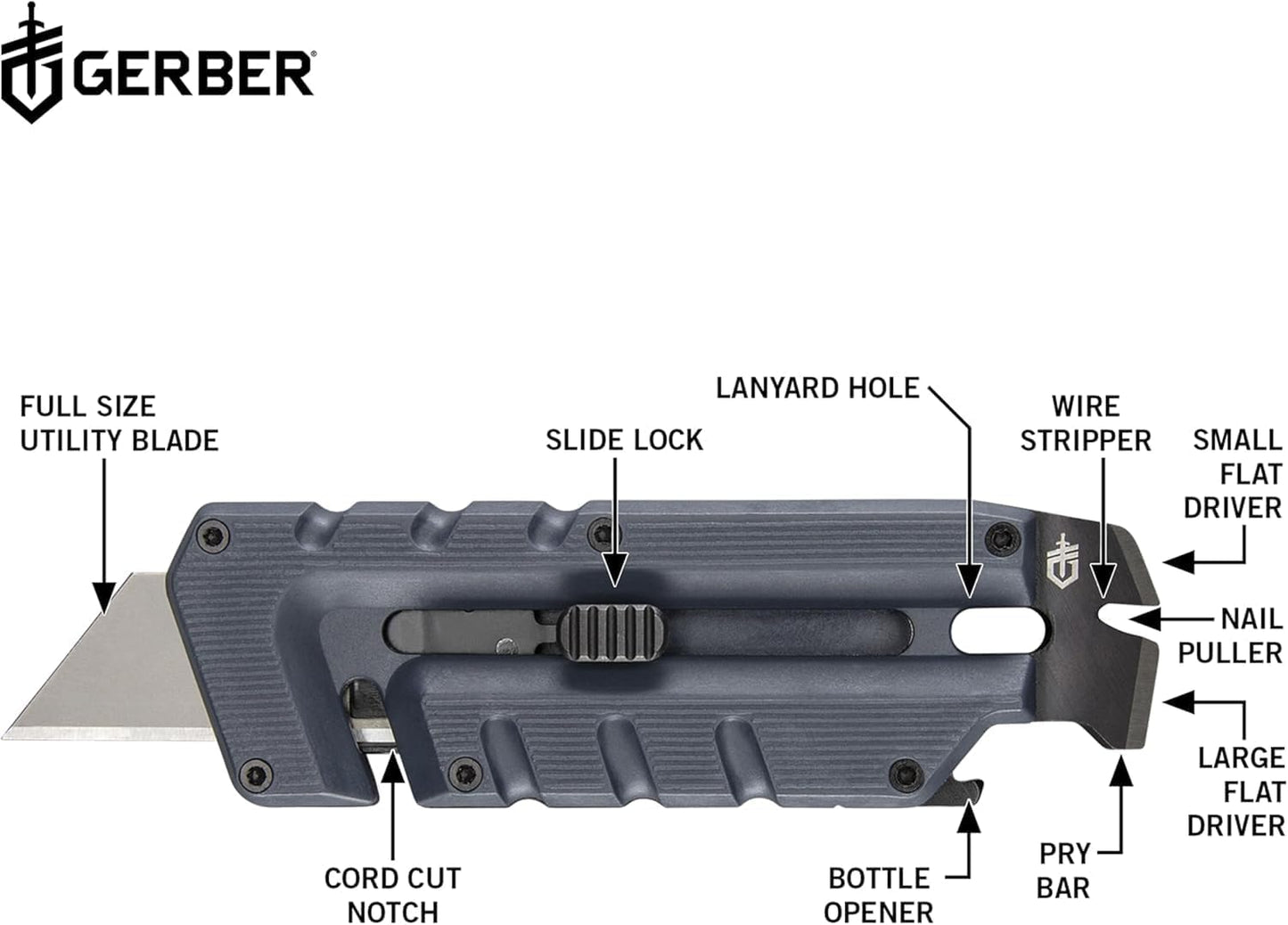 Gear Prybrid Utility Knife with Pocket Clip, Box Cutter Retractable Blade, Heavy Duty Utility Razor with Pry Bar, Bottle Opener, and Wire Stripper, Multi tool Pocket Knife, Blue with Clip