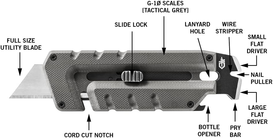 Gear Prybrid Utility Knife with Pocket Clip, Box Cutter Retractable Blade, Heavy Duty Utility Razor with Pry Bar, Bottle Opener, and Wire Stripper, Multi tool Pocket Knife, Blue with Clip