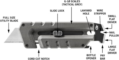 Gear Prybrid Utility Knife with Pocket Clip, Box Cutter Retractable Blade, Heavy Duty Utility Razor with Pry Bar, Bottle Opener, and Wire Stripper, Multi tool Pocket Knife, Blue with Clip