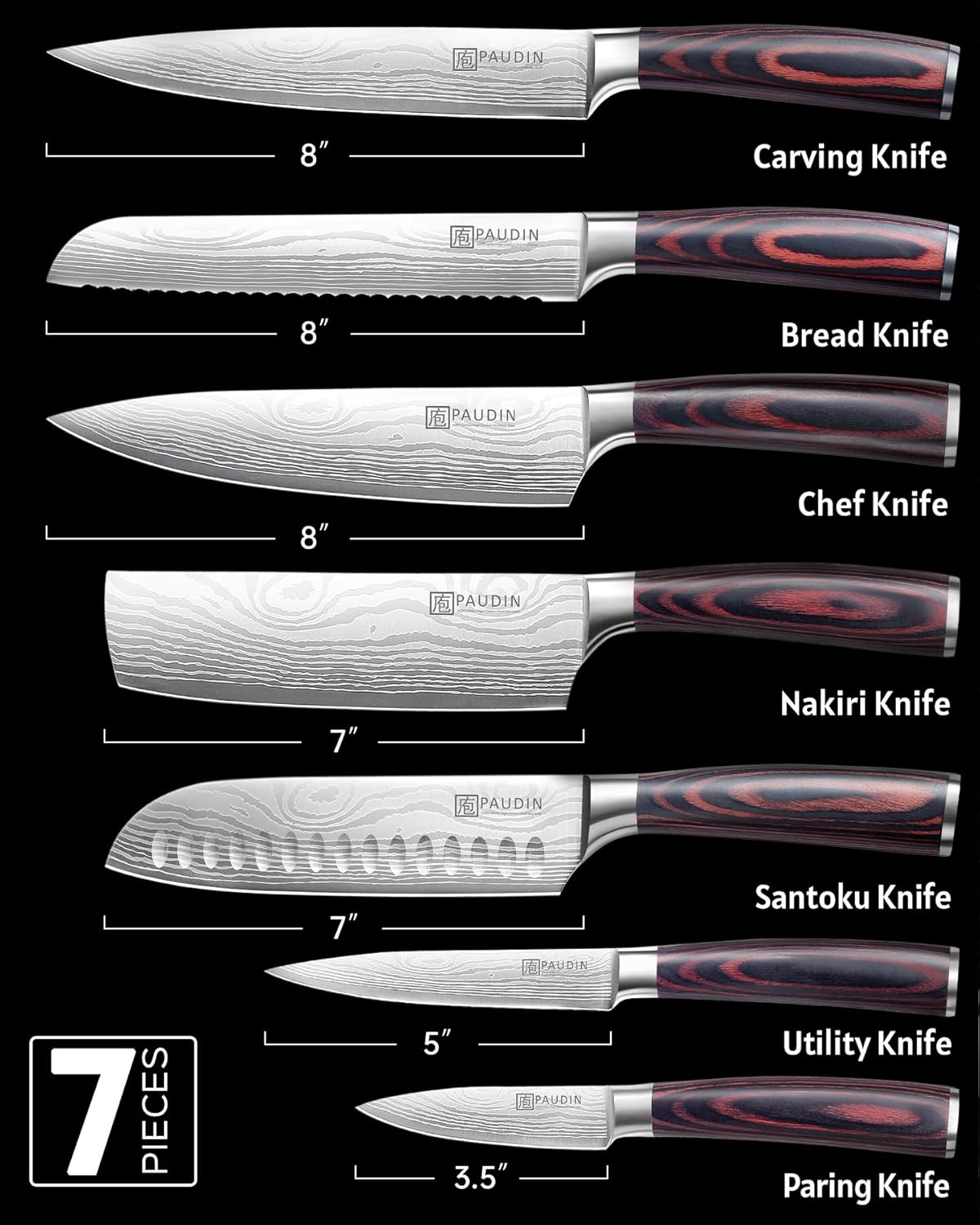 Chef Knife Set, 7 Pieces Kitchen Knife Set, High Carbon Stainless Steel, Ultra Sharp Knife Set, Professional Knives Set for Kitchen with Pakkawood Handle