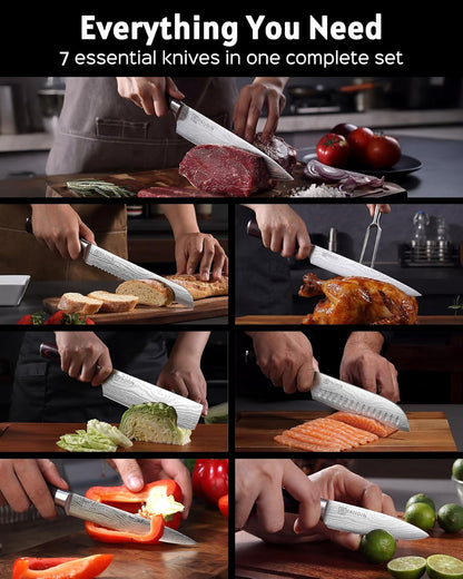 Chef Knife Set, 7 Pieces Kitchen Knife Set, High Carbon Stainless Steel, Ultra Sharp Knife Set, Professional Knives Set for Kitchen with Pakkawood Handle