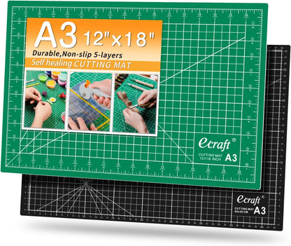 Self-Healing Cutting Mat 12x18 Inch, Double-Sided 5-Ply Gridded Rotary Cutting Board, Non-Slip Surface for Sewing, Quilting & Crafts, Green/Black