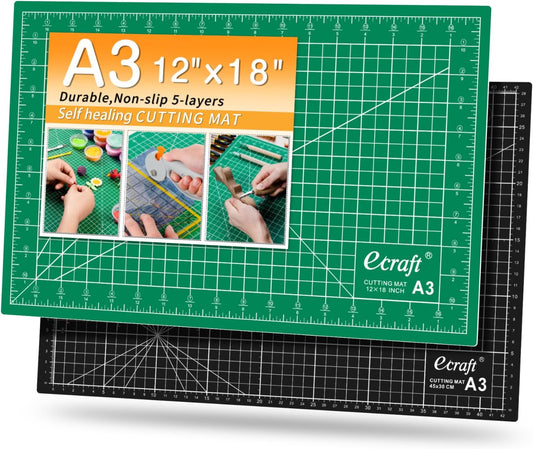 Self-Healing Cutting Mat 12x18 Inch, Double-Sided 5-Ply Gridded Rotary Cutting Board, Non-Slip Surface for Sewing, Quilting & Crafts, Green/Black