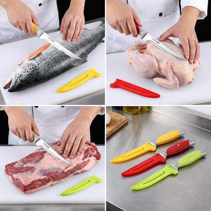 Boning Knife, 6PCS Fillet Knives (3PCS Filet Knives and 3PCS Knife Cover), 6 Inch Curved Boning Knife for Meat, Fish, Poultry, Cutting, Trimming, German Steel, PP Handle