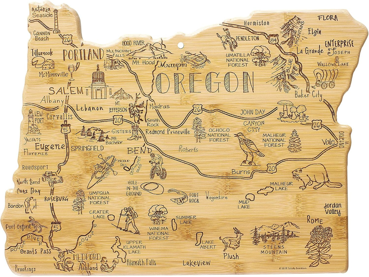 Destination Oregon State Shaped Cutting Board | State charcuterie serving board with engraved map artwork. Smooth reverse side for food prep. Hang tie for wall display.