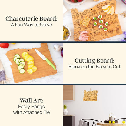 Destination Oregon State Shaped Cutting Board | State charcuterie serving board with engraved map artwork. Smooth reverse side for food prep. Hang tie for wall display.