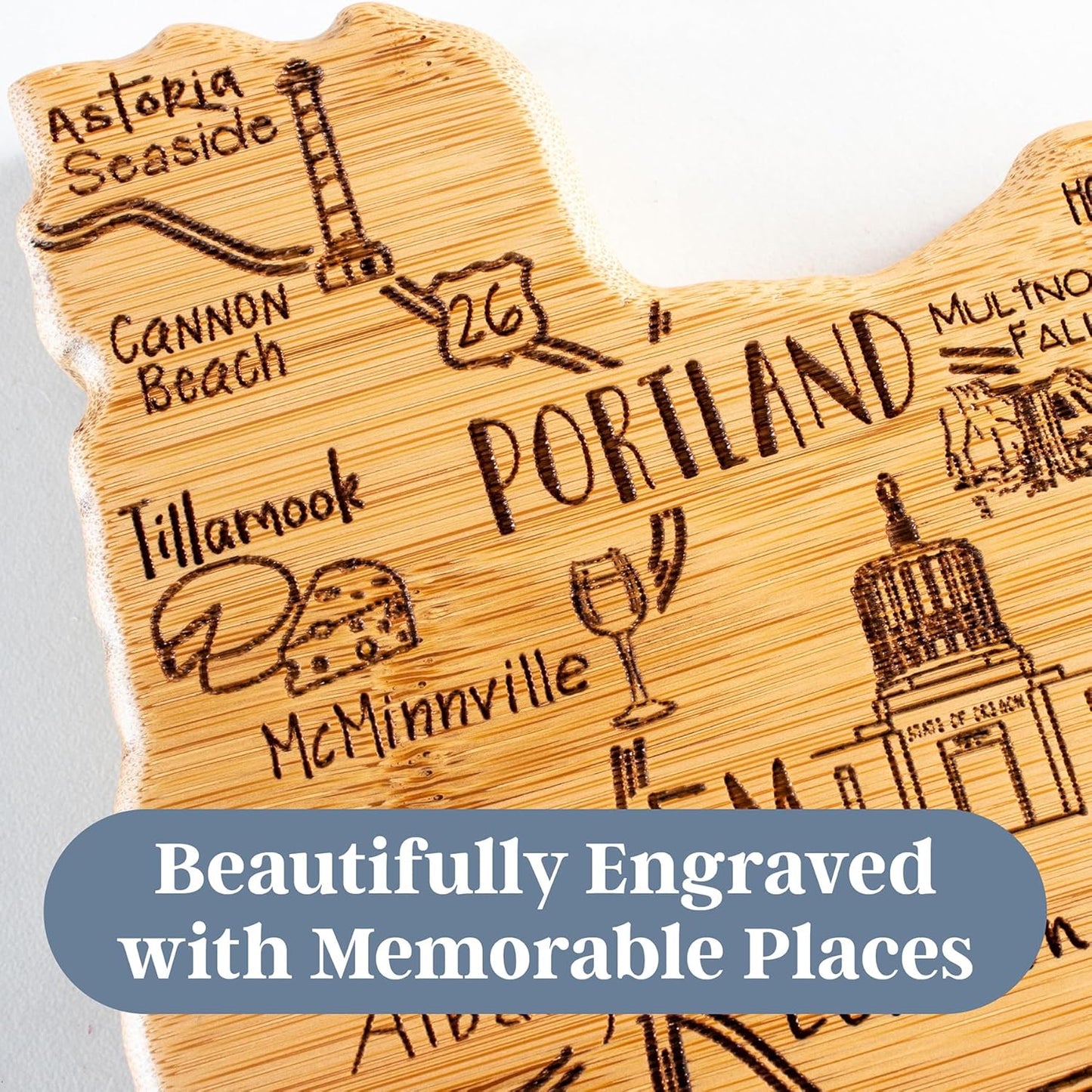 Destination Oregon State Shaped Cutting Board | State charcuterie serving board with engraved map artwork. Smooth reverse side for food prep. Hang tie for wall display.