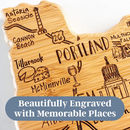 Destination Oregon State Shaped Cutting Board | State charcuterie serving board with engraved map artwork. Smooth reverse side for food prep. Hang tie for wall display.