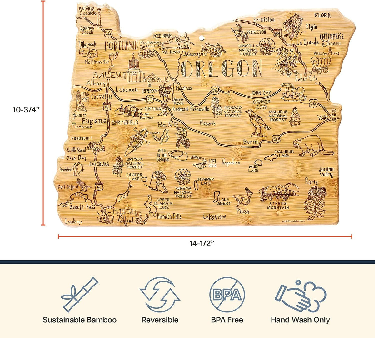 Destination Oregon State Shaped Cutting Board | State charcuterie serving board with engraved map artwork. Smooth reverse side for food prep. Hang tie for wall display.