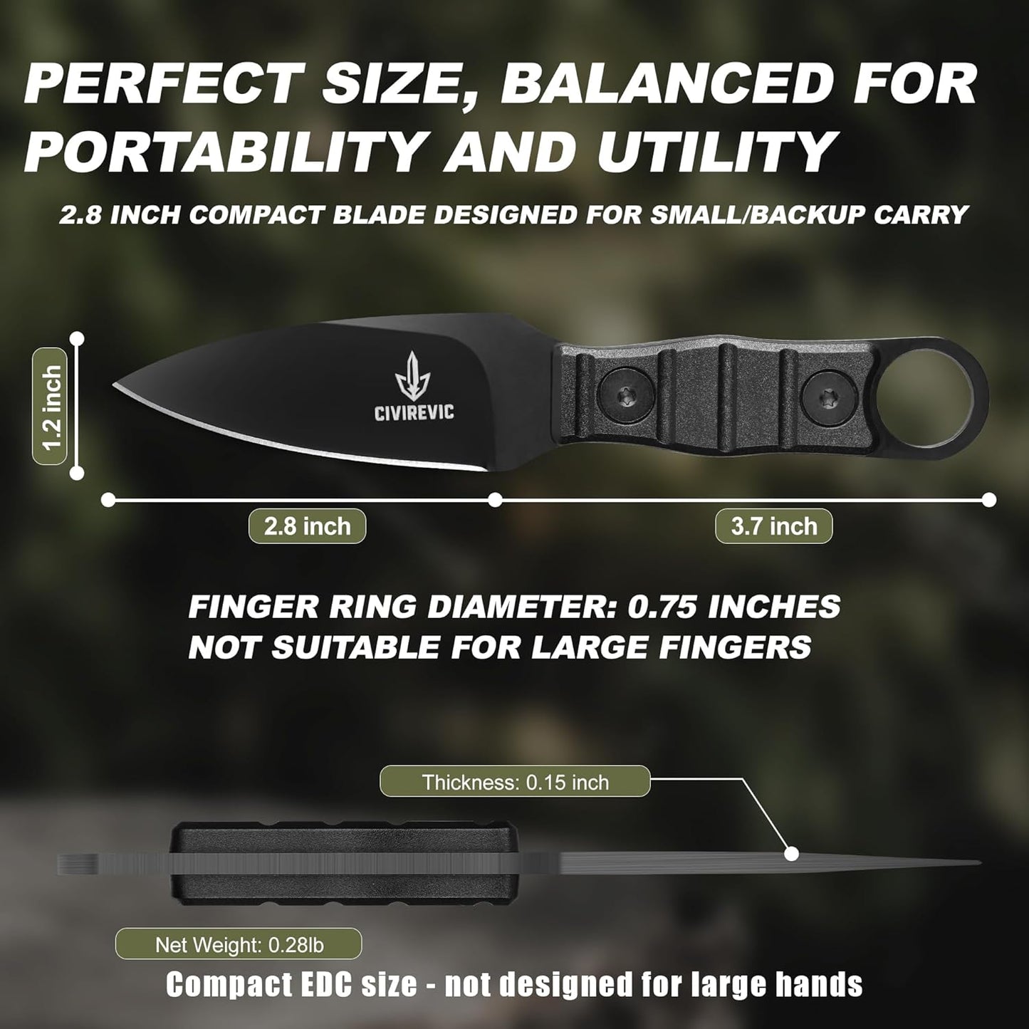 Compact Fixed Blade EDC Knife with Sheath, 2.8" Full Tang Carbon Steel