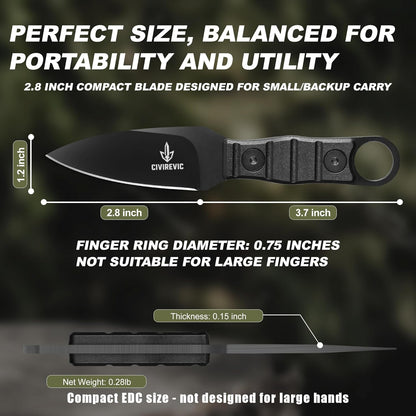 Compact Fixed Blade EDC Knife with Sheath, 2.8" Full Tang Carbon Steel