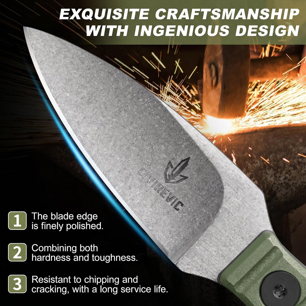 Compact Fixed Blade EDC Knife with Sheath, 2.8" Full Tang Carbon Steel