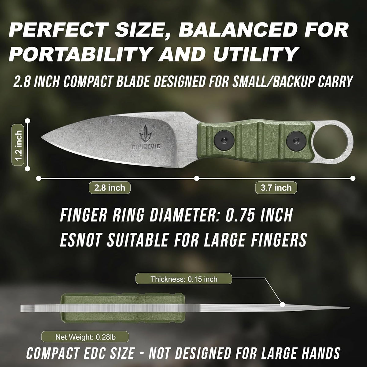 Compact Fixed Blade EDC Knife with Sheath, 2.8" Full Tang Carbon Steel