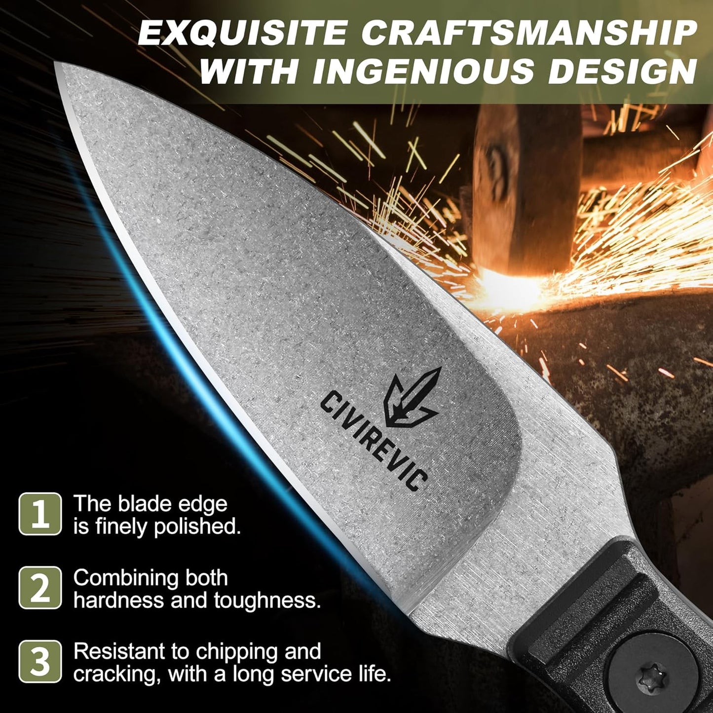 Compact Fixed Blade EDC Knife with Sheath, 2.8" Full Tang Carbon Steel