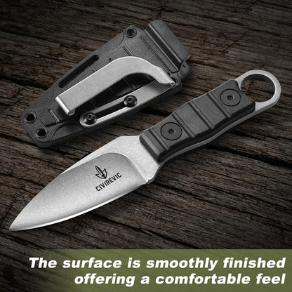 Compact Fixed Blade EDC Knife with Sheath, 2.8" Full Tang Carbon Steel