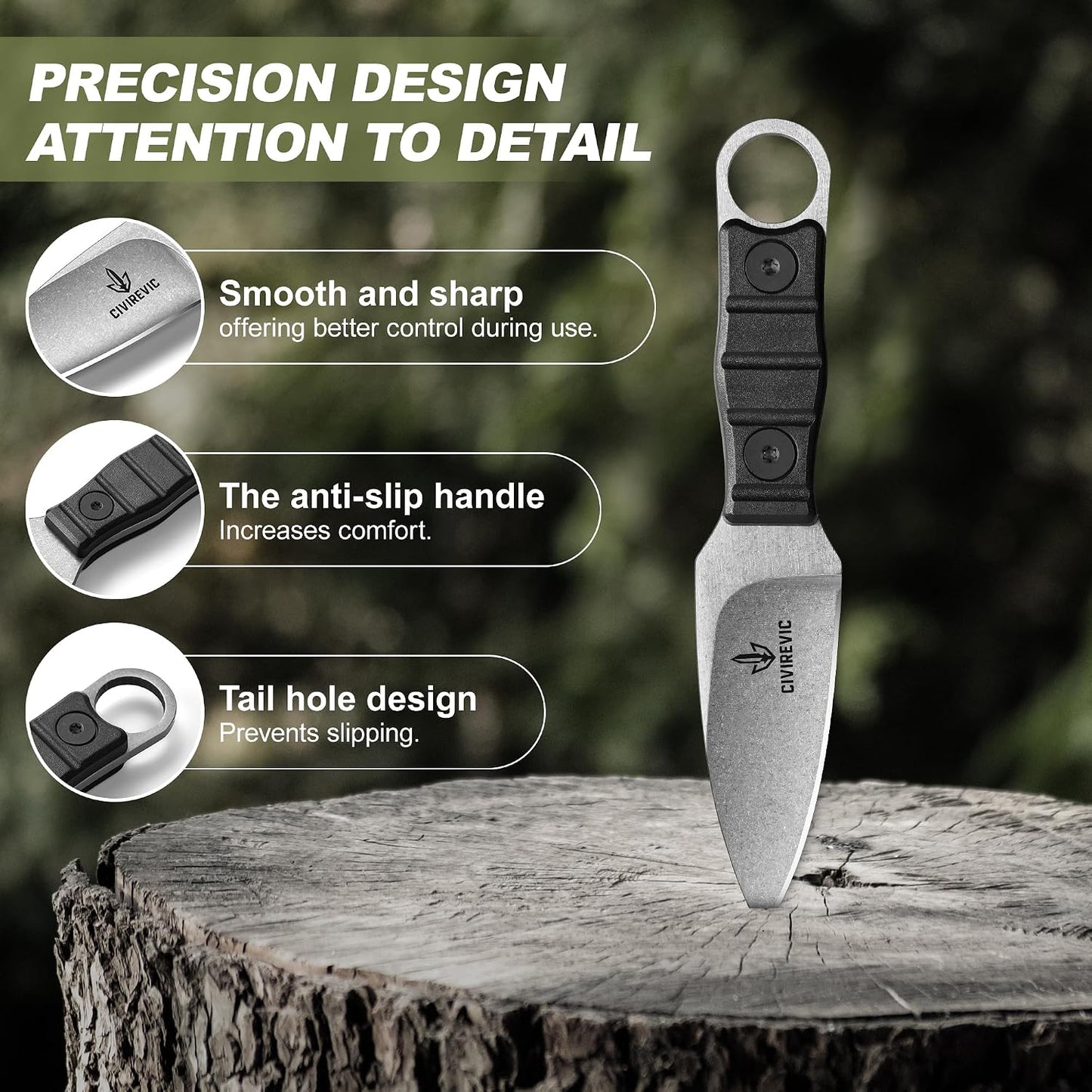 Compact Fixed Blade EDC Knife with Sheath, 2.8" Full Tang Carbon Steel