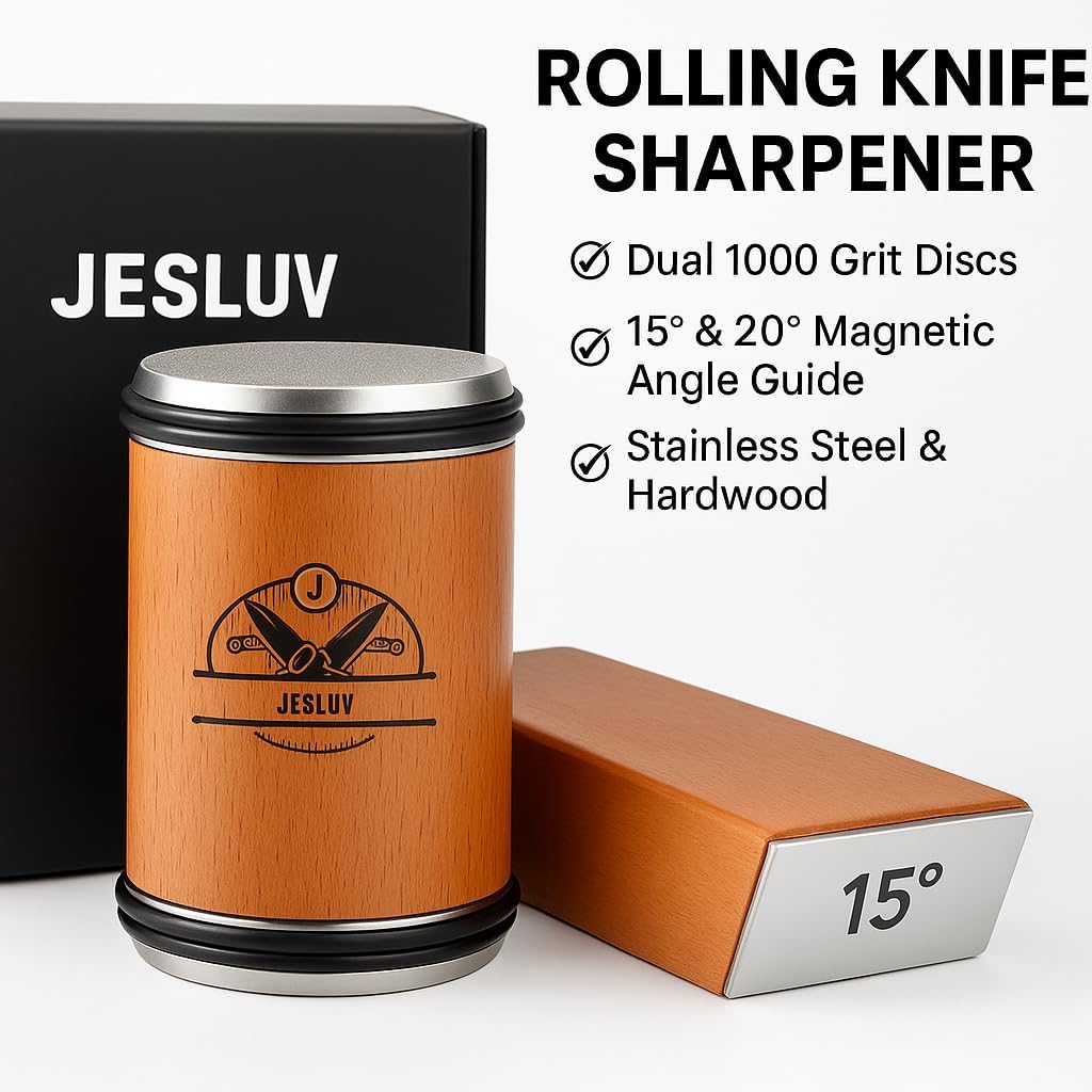 Rolling Knife Sharpener Set - Professional Knife Sharpening Kit with Roller Tool & Angled Magnetic Holder - Diamond & Stainless Steel Honing Disc Sharpens Different Knife Edges - Hardwood Body