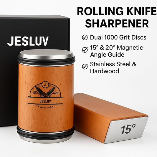 Rolling Knife Sharpener Set - Professional Knife Sharpening Kit with Roller Tool & Angled Magnetic Holder - Diamond & Stainless Steel Honing Disc Sharpens Different Knife Edges - Hardwood Body