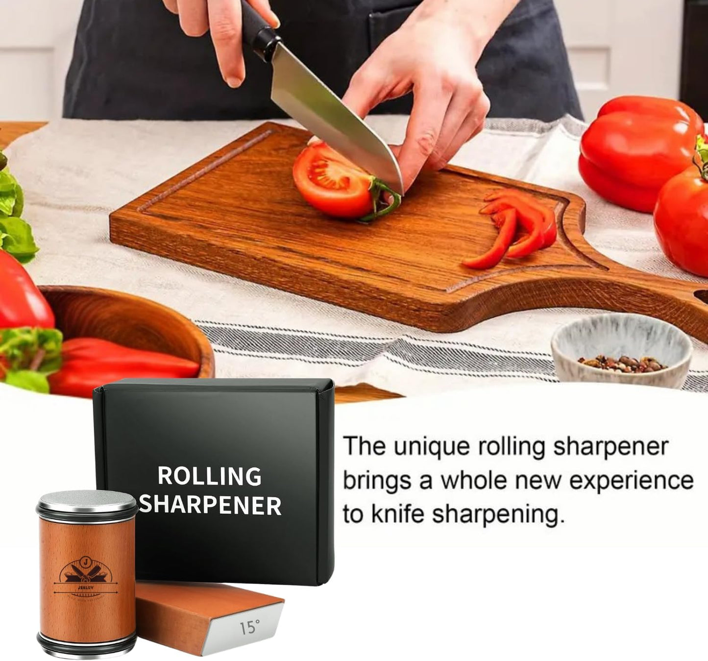 Rolling Knife Sharpener Set - Professional Knife Sharpening Kit with Roller Tool & Angled Magnetic Holder - Diamond & Stainless Steel Honing Disc Sharpens Different Knife Edges - Hardwood Body