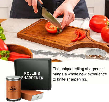 Rolling Knife Sharpener Set - Professional Knife Sharpening Kit with Roller Tool & Angled Magnetic Holder - Diamond & Stainless Steel Honing Disc Sharpens Different Knife Edges - Hardwood Body