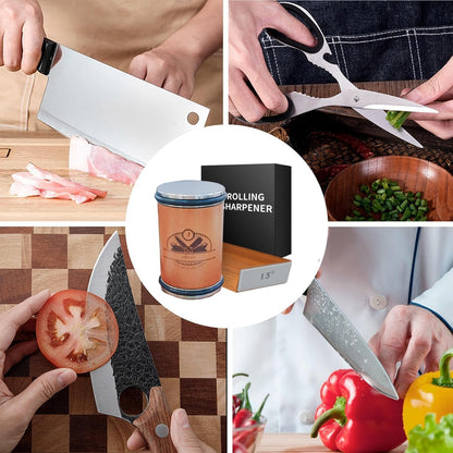 Rolling Knife Sharpener Set - Professional Knife Sharpening Kit with Roller Tool & Angled Magnetic Holder - Diamond & Stainless Steel Honing Disc Sharpens Different Knife Edges - Hardwood Body