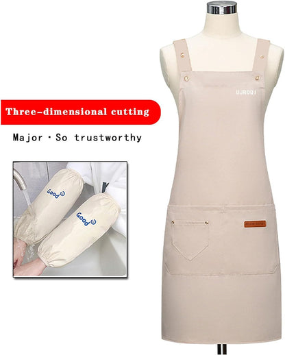 2 in 1 set Cross Strap Chef Apron with Detachable Waterproof Sleeves -Kitchen Bib Apron for Cooking, Grilling, BBQ