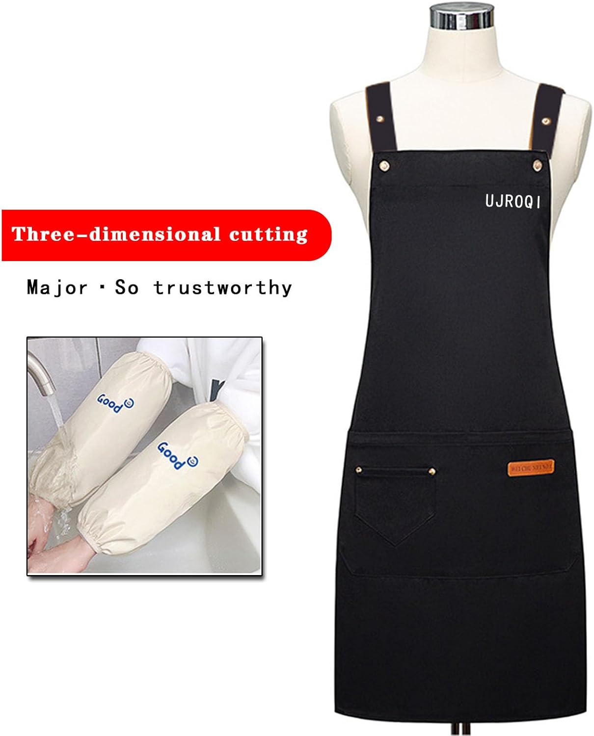 2 in 1 set Cross Strap Chef Apron with Detachable Waterproof Sleeves -Kitchen Bib Apron for Cooking, Grilling, BBQ