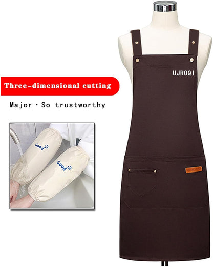 2 in 1 set Cross Strap Chef Apron with Detachable Waterproof Sleeves -Kitchen Bib Apron for Cooking, Grilling, BBQ