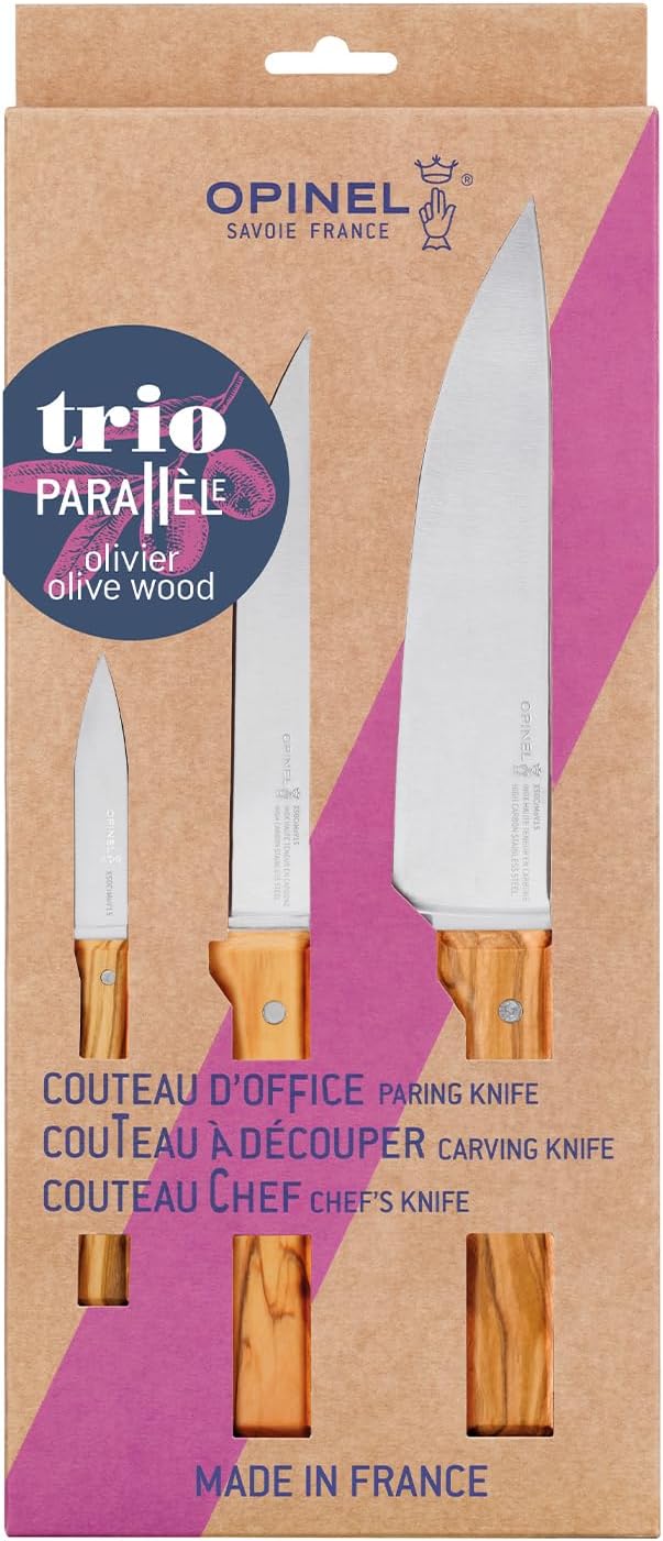 Parallele Trio Set of 3 Kitchen Knives - Chef, Carving, Paring Knife Trio Box Set, High Carbon Stainless Steel Blades, Sustainably Sourced Wood Handles, Made in France (Olivewood)