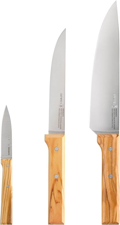Parallele Trio Set of 3 Kitchen Knives - Chef, Carving, Paring Knife Trio Box Set, High Carbon Stainless Steel Blades, Sustainably Sourced Wood Handles, Made in France (Olivewood)