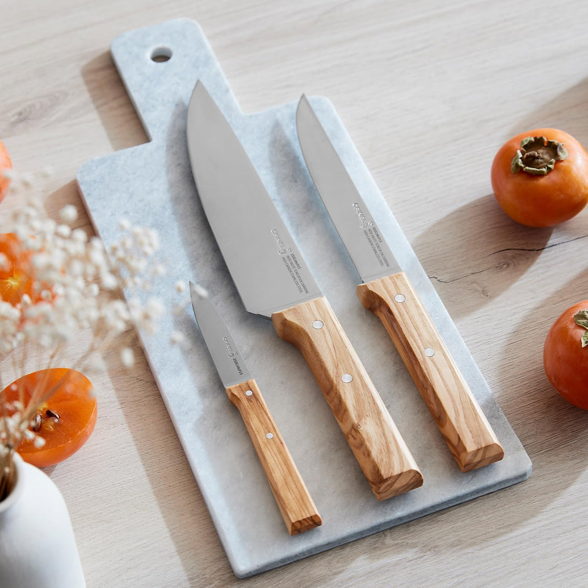 Parallele Trio Set of 3 Kitchen Knives - Chef, Carving, Paring Knife Trio Box Set, High Carbon Stainless Steel Blades, Sustainably Sourced Wood Handles, Made in France (Olivewood)