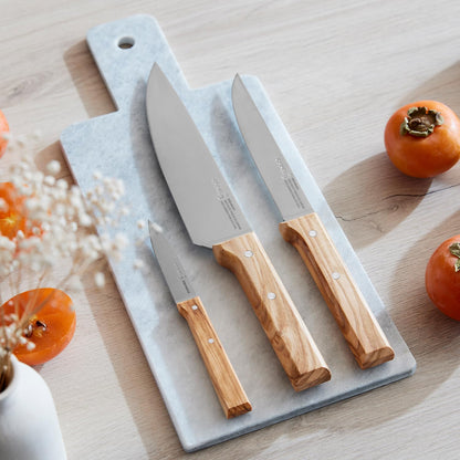 Parallele Trio Set of 3 Kitchen Knives - Chef, Carving, Paring Knife Trio Box Set, High Carbon Stainless Steel Blades, Sustainably Sourced Wood Handles, Made in France (Olivewood)