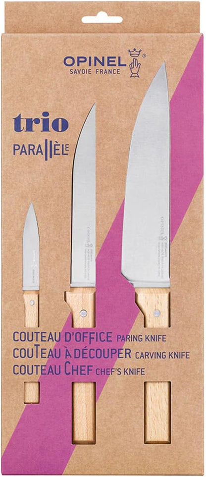 Parallele Trio Set of 3 Kitchen Knives - Chef, Carving, Paring Knife Trio Box Set, High Carbon Stainless Steel Blades, Sustainably Sourced Wood Handles, Made in France (Olivewood)