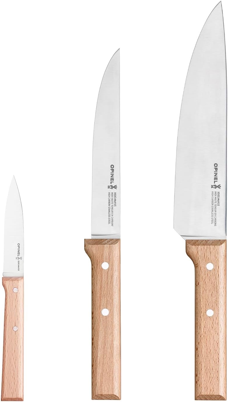 Parallele Trio Set of 3 Kitchen Knives - Chef, Carving, Paring Knife Trio Box Set, High Carbon Stainless Steel Blades, Sustainably Sourced Wood Handles, Made in France (Olivewood)