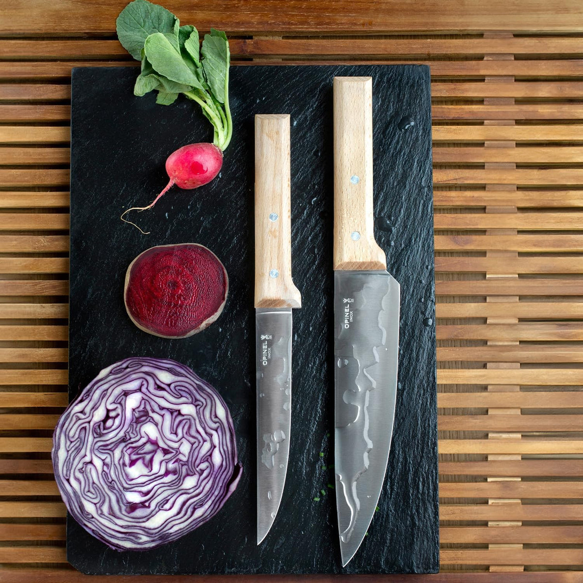 Parallele Trio Set of 3 Kitchen Knives - Chef, Carving, Paring Knife Trio Box Set, High Carbon Stainless Steel Blades, Sustainably Sourced Wood Handles, Made in France (Olivewood)