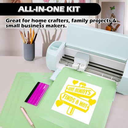 4 Pack 12"x12" Green Adhesive Cutting Mats, with Precision Vinyl Pin Pen & 6 Inch Squeegee - Ideal for HTV, Vinyl, Quilting & Crafting, Compatible with Popular Cutting Machines