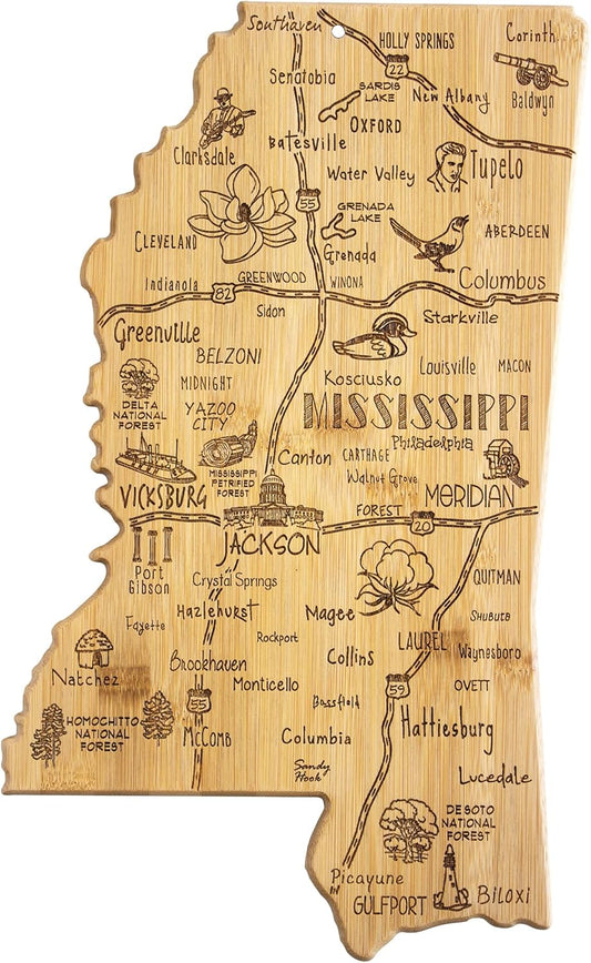 Destination Mississippi State Shaped Cutting Board | State charcuterie serving board with engraved map artwork. Smooth reverse side for food prep. Hang tie for wall display.