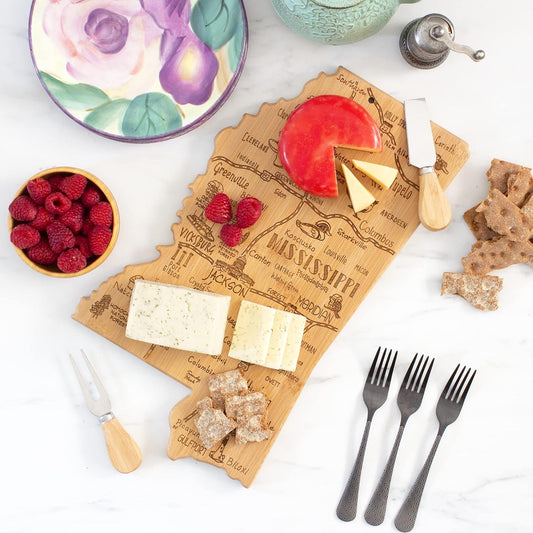 Destination Mississippi State Shaped Cutting Board | State charcuterie serving board with engraved map artwork. Smooth reverse side for food prep. Hang tie for wall display.