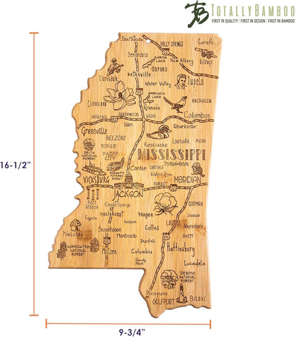 Destination Mississippi State Shaped Cutting Board | State charcuterie serving board with engraved map artwork. Smooth reverse side for food prep. Hang tie for wall display.