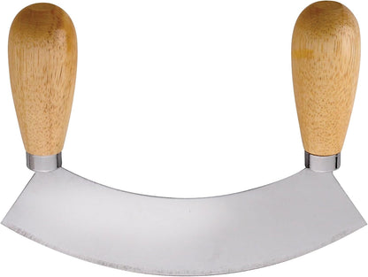 Kitchen Mezzaluna Rocking Chopper And Mincing Knife With Double Handles, Stainless Steel, Rubberwood, For Herbs Vegetables Nuts And More