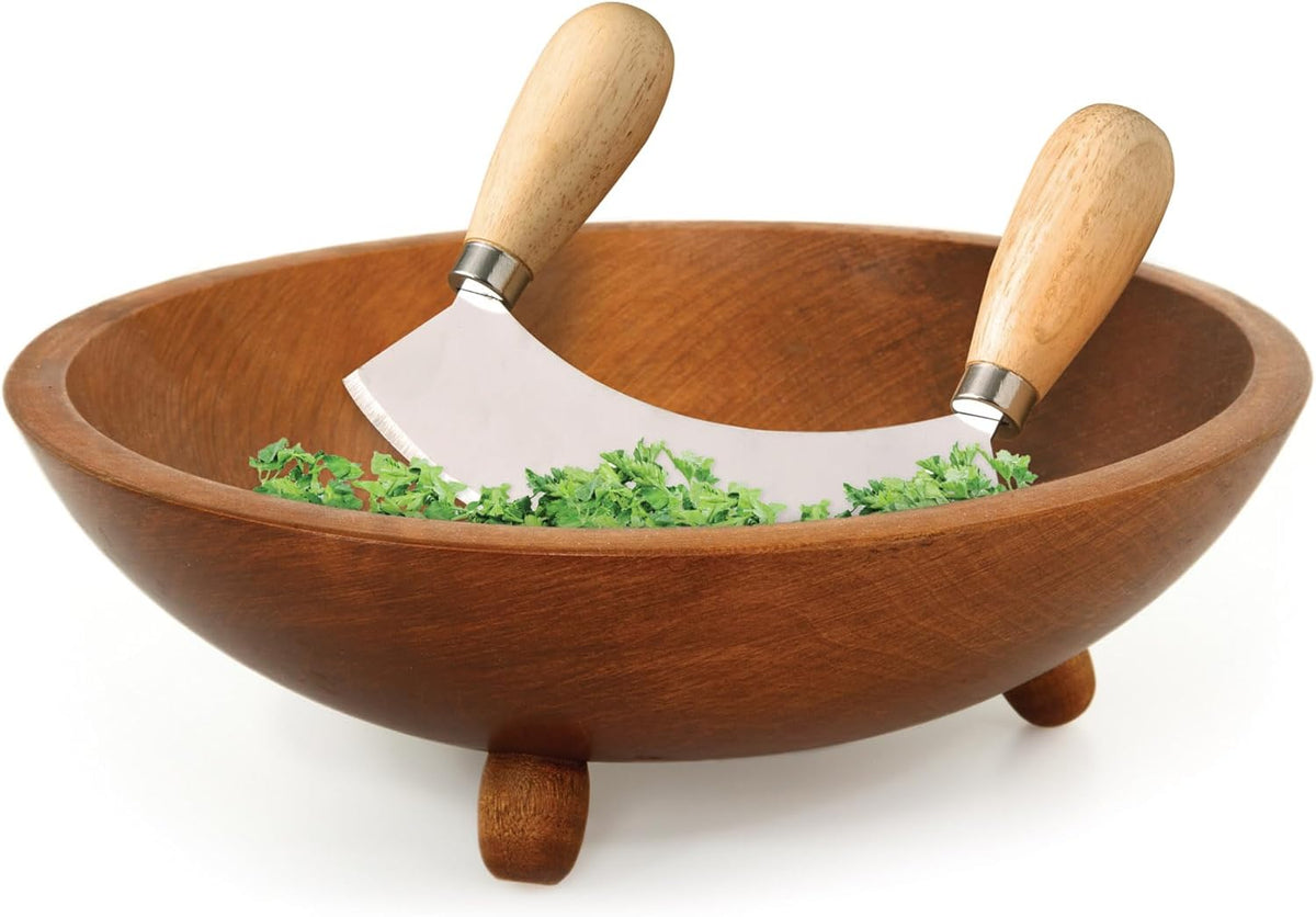 Kitchen Mezzaluna Rocking Chopper And Mincing Knife With Double Handles, Stainless Steel, Rubberwood, For Herbs Vegetables Nuts And More