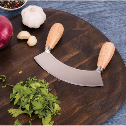 Kitchen Mezzaluna Rocking Chopper And Mincing Knife With Double Handles, Stainless Steel, Rubberwood, For Herbs Vegetables Nuts And More