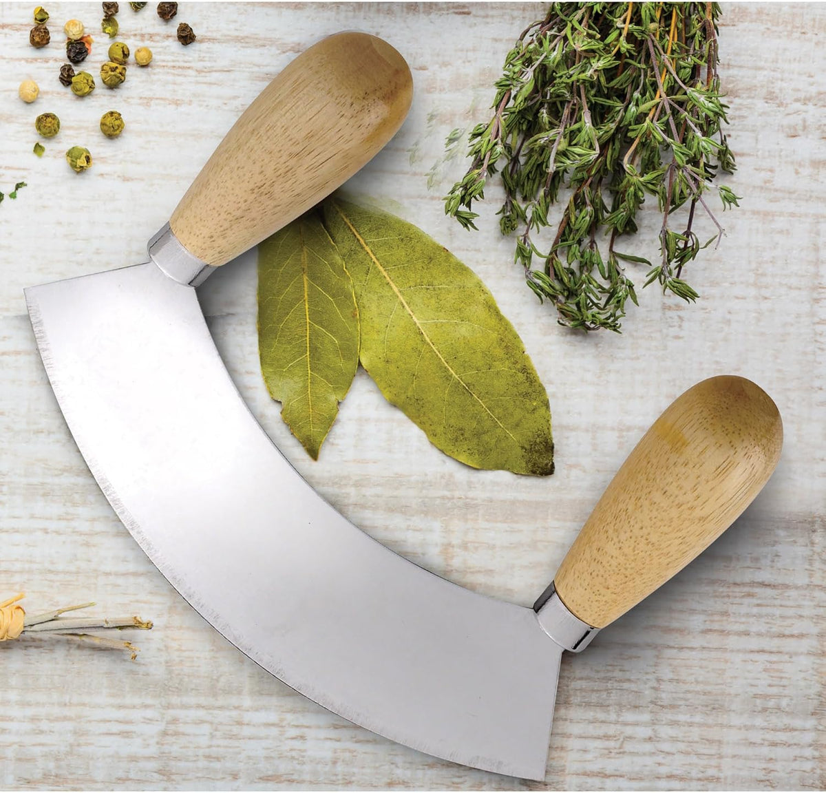 Kitchen Mezzaluna Rocking Chopper And Mincing Knife With Double Handles, Stainless Steel, Rubberwood, For Herbs Vegetables Nuts And More
