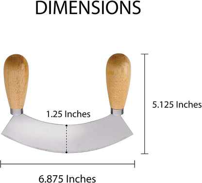 Kitchen Mezzaluna Rocking Chopper And Mincing Knife With Double Handles, Stainless Steel, Rubberwood, For Herbs Vegetables Nuts And More