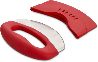 Kitchen Mezzaluna Rocking Chopper And Mincing Knife With Double Handles, Stainless Steel, Rubberwood, For Herbs Vegetables Nuts And More