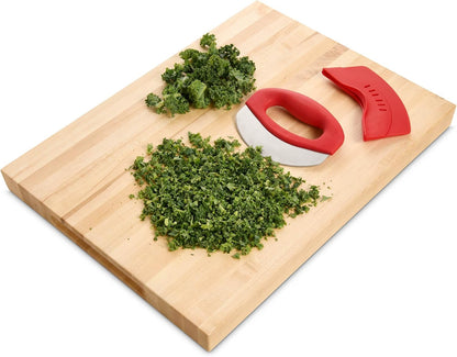 Kitchen Mezzaluna Rocking Chopper And Mincing Knife With Double Handles, Stainless Steel, Rubberwood, For Herbs Vegetables Nuts And More