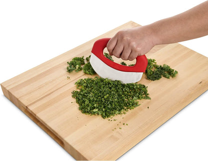Kitchen Mezzaluna Rocking Chopper And Mincing Knife With Double Handles, Stainless Steel, Rubberwood, For Herbs Vegetables Nuts And More