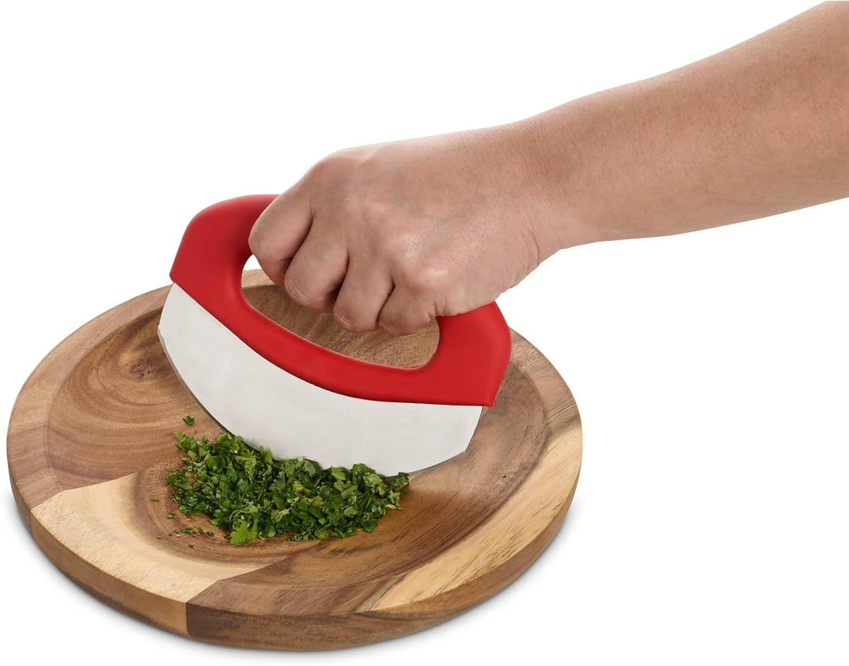 Kitchen Mezzaluna Rocking Chopper And Mincing Knife With Double Handles, Stainless Steel, Rubberwood, For Herbs Vegetables Nuts And More