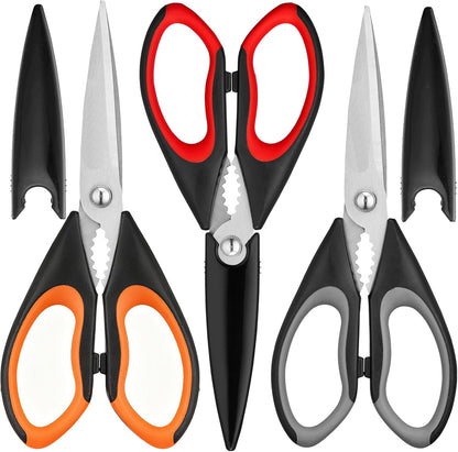 3 Pack Kitchen Scissors - Food Grade Kitchen Shears | All Purpose Stainless Steel Heavy Duty for Poultry Food Dishwasher Safe with Protective Sheath Comfort-Grip